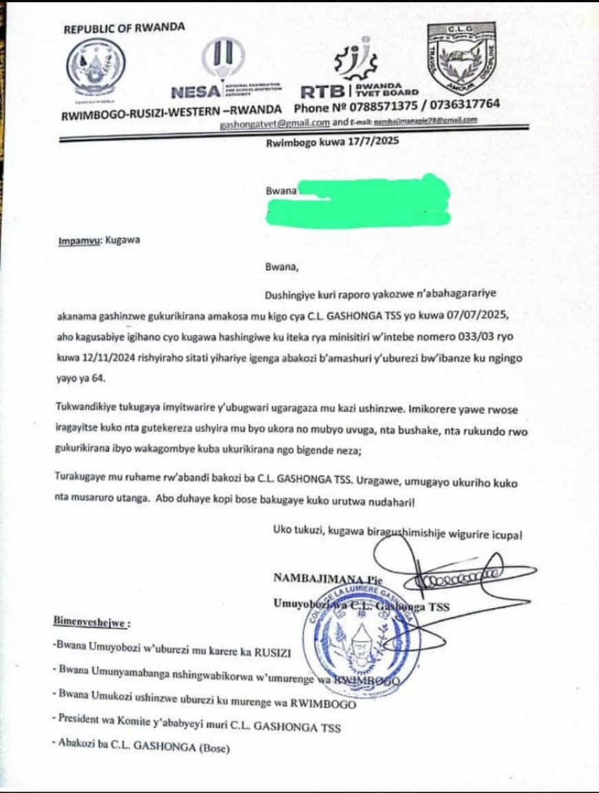 Rusizi: Ibaruwa y’umukozi w’ishuri wasabwe kwigurira icupa ry’ubugwari yarikoroje